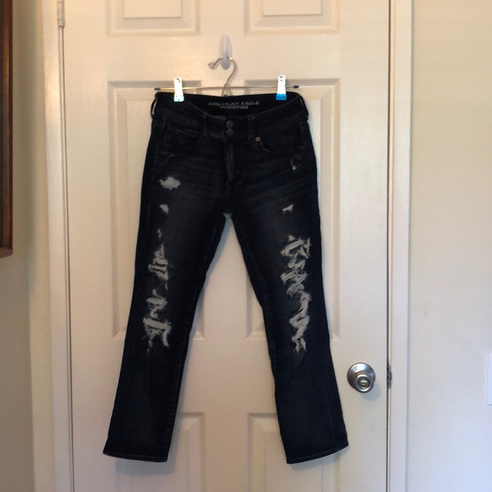 Ripped Dark wash stretch boot cut crop jeans